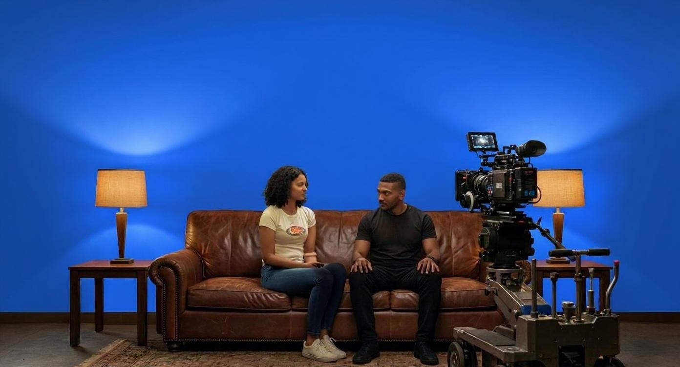 Actors perform in front of a blue screen for special effects.